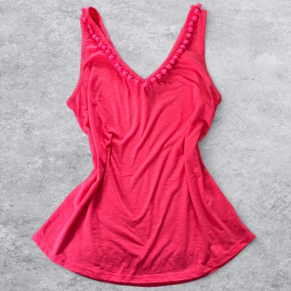 Lilly Pulitzer Pink Pom Pom Trim V-Neck Knit Tank Top Sleeveless Shirt - Picture 2 of 6
